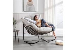 SLEERWAY Large Indoor Outdoor Rocking Chair, Oversized Rocking Papasan Chair with Thick Cushion and Frame Outdoor Rocker, Comfy Wicker Egg Chairs Lounge for Outside Porch Patio Backyard Balcony (Beige)