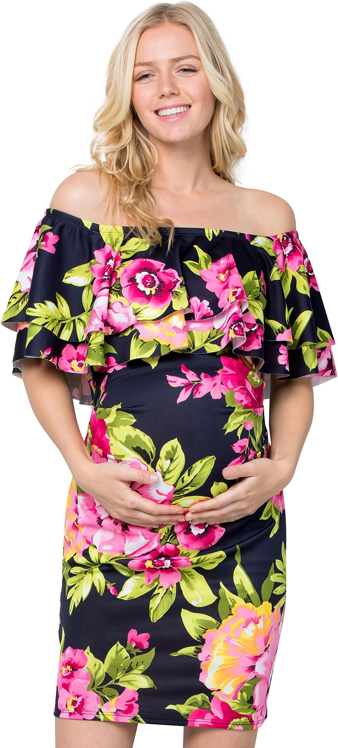 My Bump Double Layer Ruffle Maternity Dress-Fitted Off-Shoulder Baby Shower Pregnancy