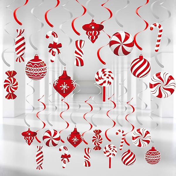 66 Pcs Christmas Candy Hanging Swirls - Red & Green Candy Cane Ceiling Decorations