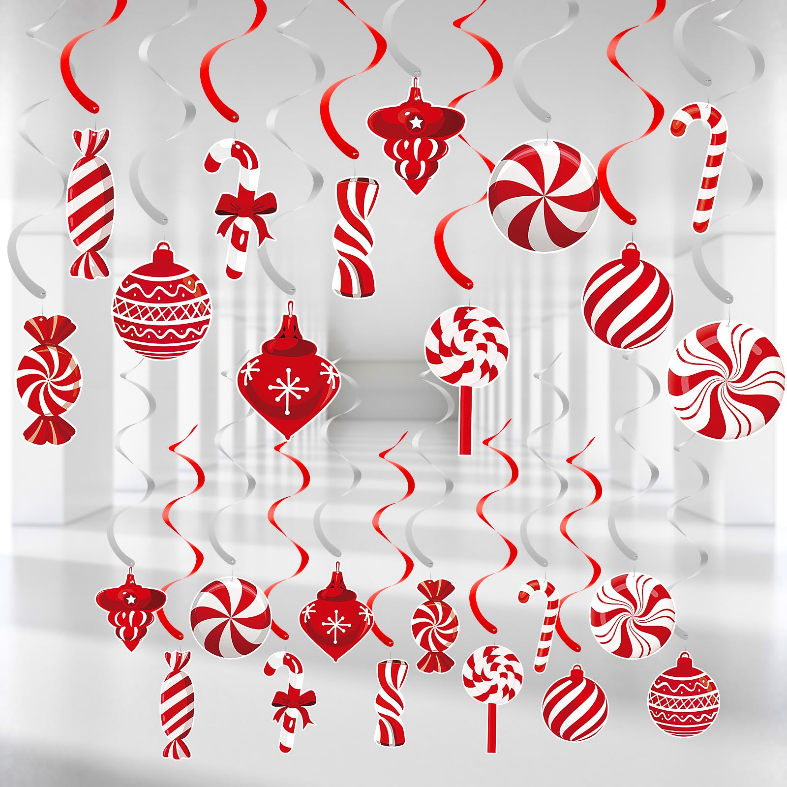 Photo 1 of 24 Pcs Christmas Candy Cane Hanging Swirl Decorations - Red and White Lollipop Peppermint Ceiling Hanging Swirls Streamers Ornaments for Candy Land Home Winter Holiday Xmas Christmas Party Decor