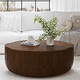 KIGFTSOD 35.63" Round Coffee Table, Wood Grain Drum Coffee Table, Durable MgO Cement Design, No-Assembly Center Table for Liv