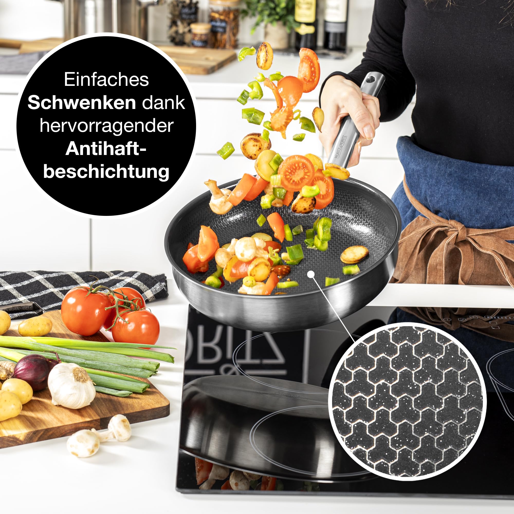Moritz & Moritz Antihaft Pfanne 28 cm Induktion - Bratpfanne 28cm mit Keramikbeschichtung & Wabenstruktur - Edelstahlpfanne mit hohem Rand - Ideal für alle Herdarten & zum Kochen, Braten, Schmoren 4