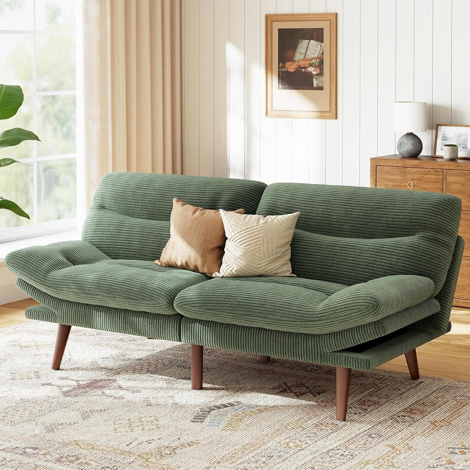 Photo 1 of Marsail Futon Sofa Bed, Futon Couch with Adjustable Backrest & Armrests, Convertible Small Sleeper Sofa Bed for Small Apartments, Study Room, Office, Corduroy Loveseat, Green