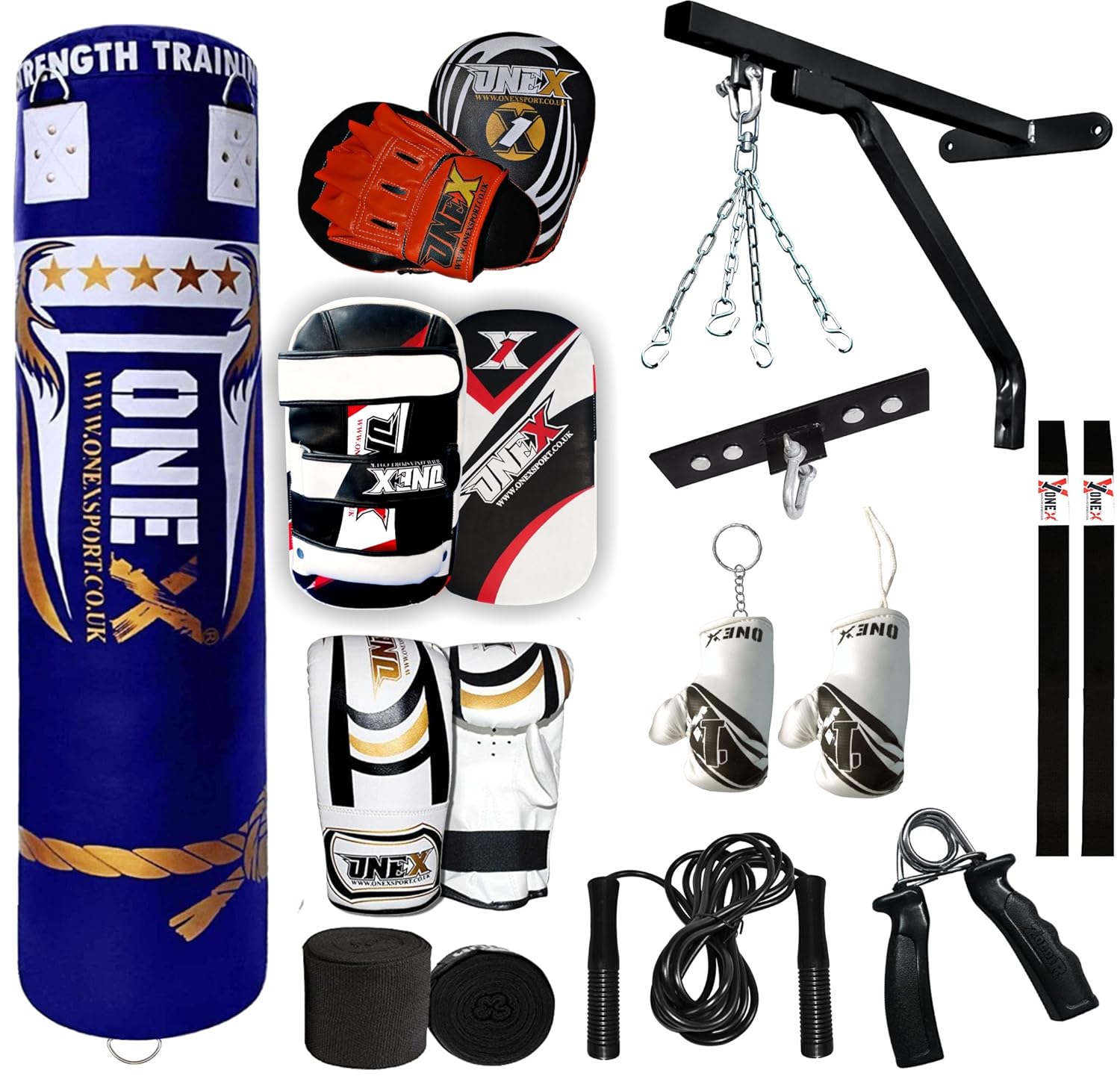 Onex Punching Bag Boxing Jumbo Set 5FT Filled Heavy Gloves Anchor Ceiling Hook Wall Bracket