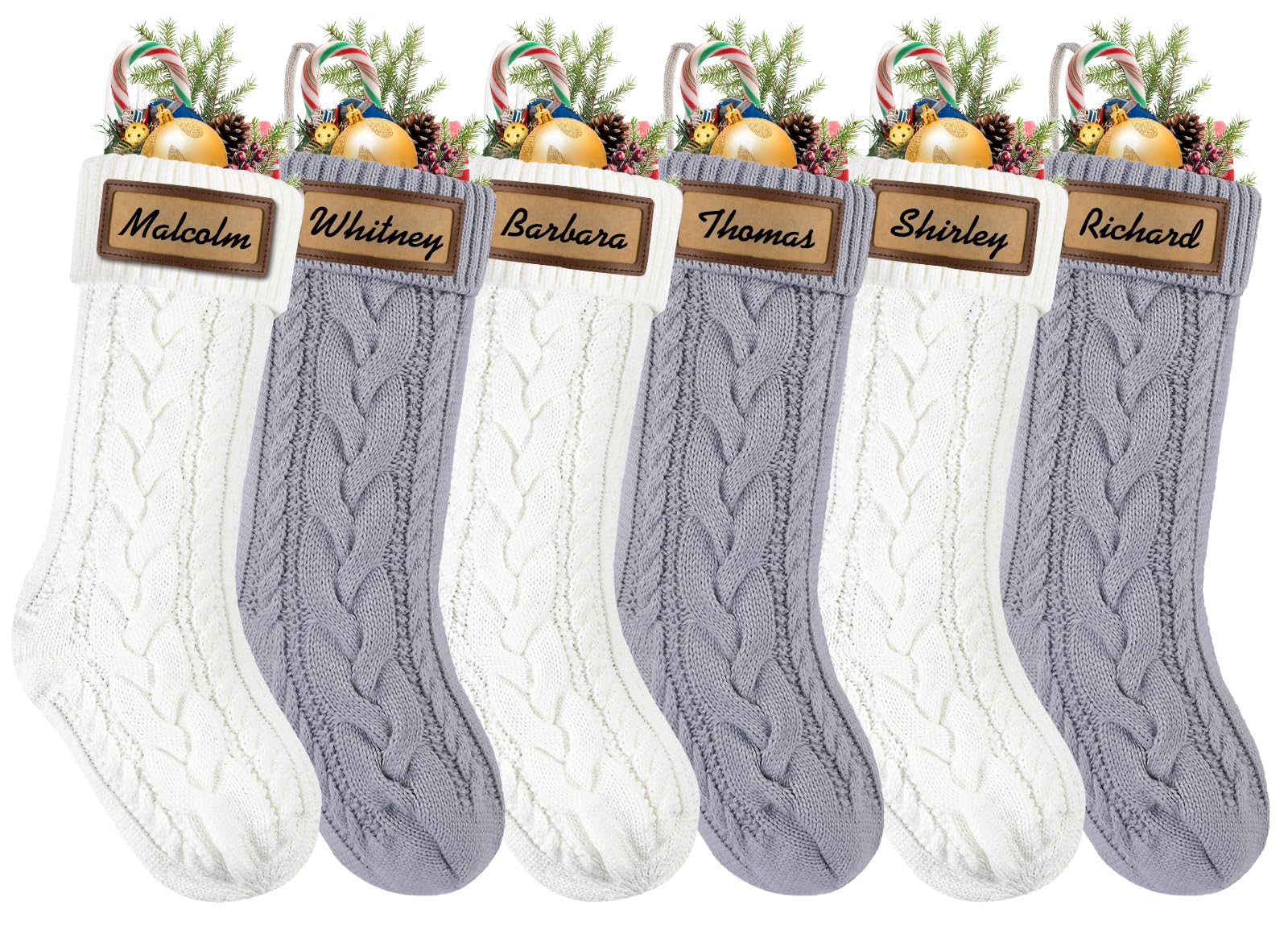Photo 1 of *MINOR DAMAGE - USED*
XOYTN 6pack Christmas Stockings, 18inch Large Personalized Cable Knitted Xmas Hanging Stocking Decorations with Leather Patches Custom Name for Holiday Christmas Party Family Decor (Khaki and White)