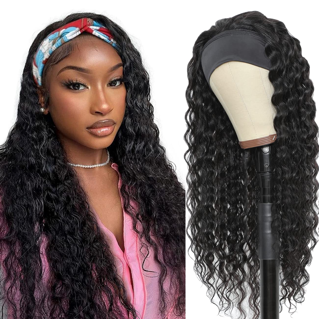 Headband Wigs For Women Human Hair Water Wave Glueless Curly Wig None Lace Wig 100% Real Brazilian Human Hair Wig natural black 16 Inch
