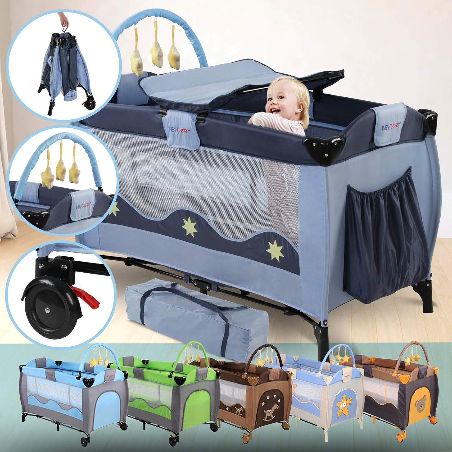 Travel Cot 126/66/82cm, Foldable, with Changing Matt, Padded Borders