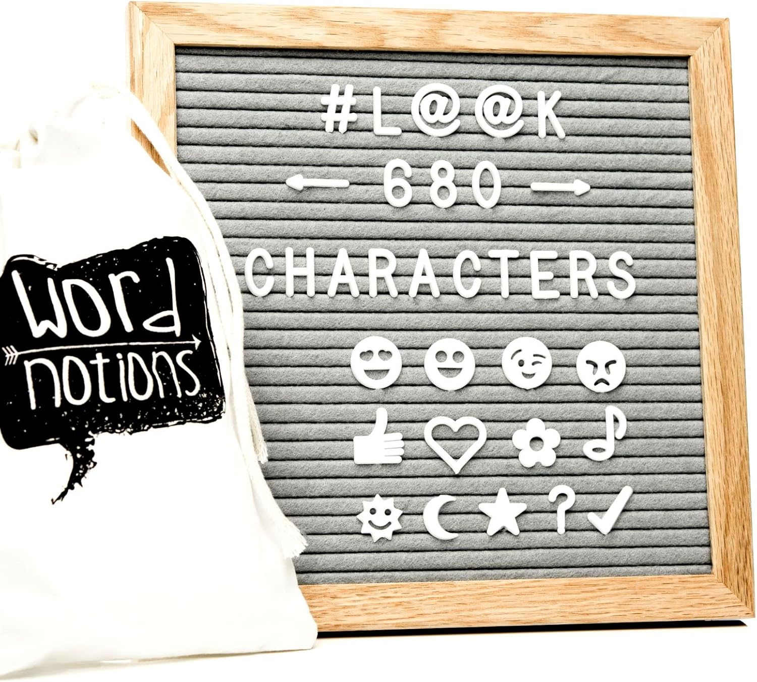 Gray Felt Letter Board | 680 Characters, Letters & Emojis | @, $,¢, :), More | Drawstring Canvas Pouch | 10