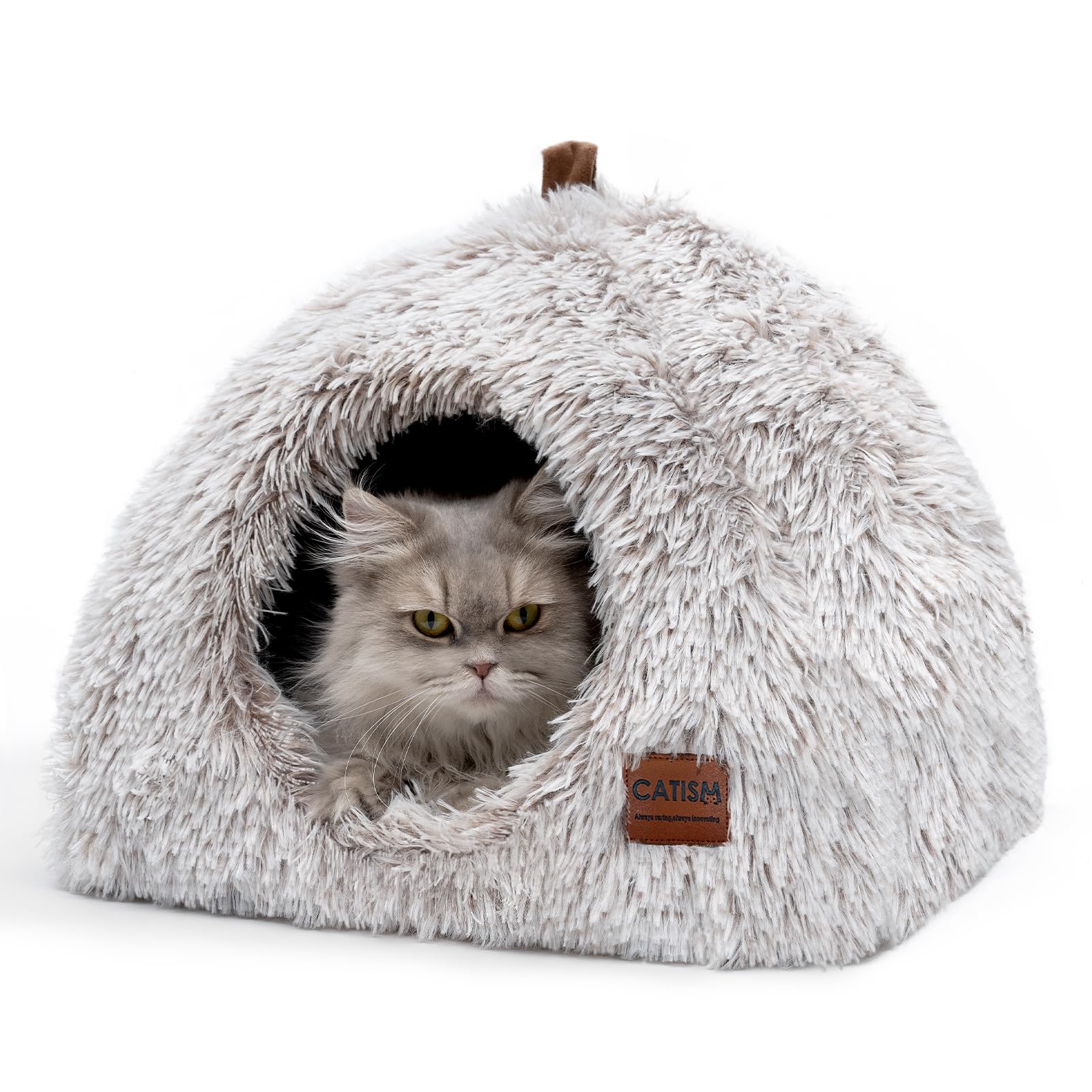Igloo Cat and Dog Bed, Large Indoor Tent, 2 in 1 Anti-Slip Trundle Bed with Handle, Washable and Removable, Light Brown Cushion