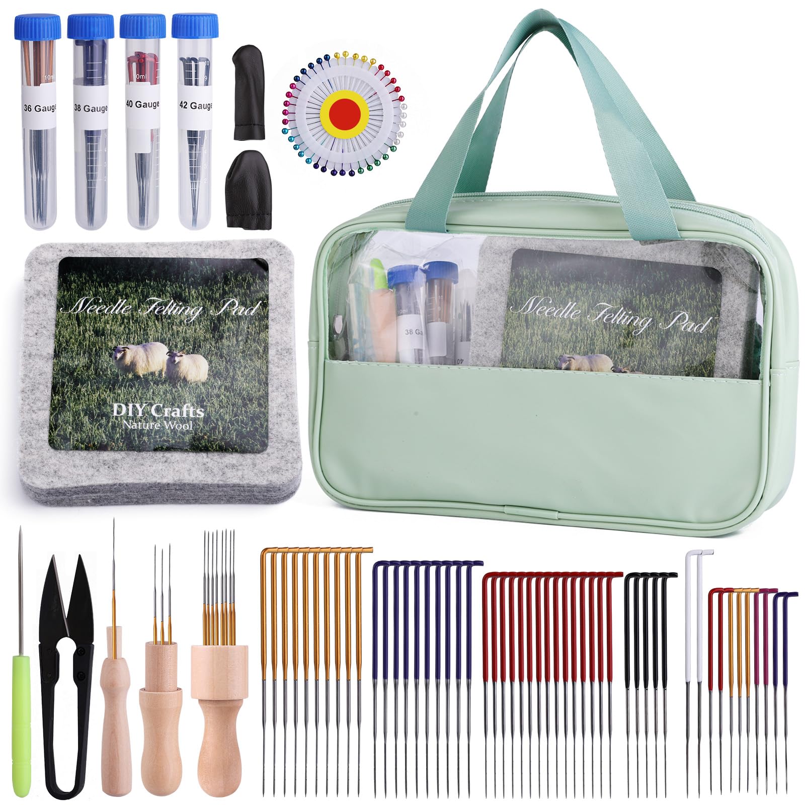 Doxiru Needle Felting Kit,107 Pcs Felting Needles, 6"x6" Wool Felted Mat Wool Felt Tools with Wooden Handle for Beginner DIY Felted Crafts