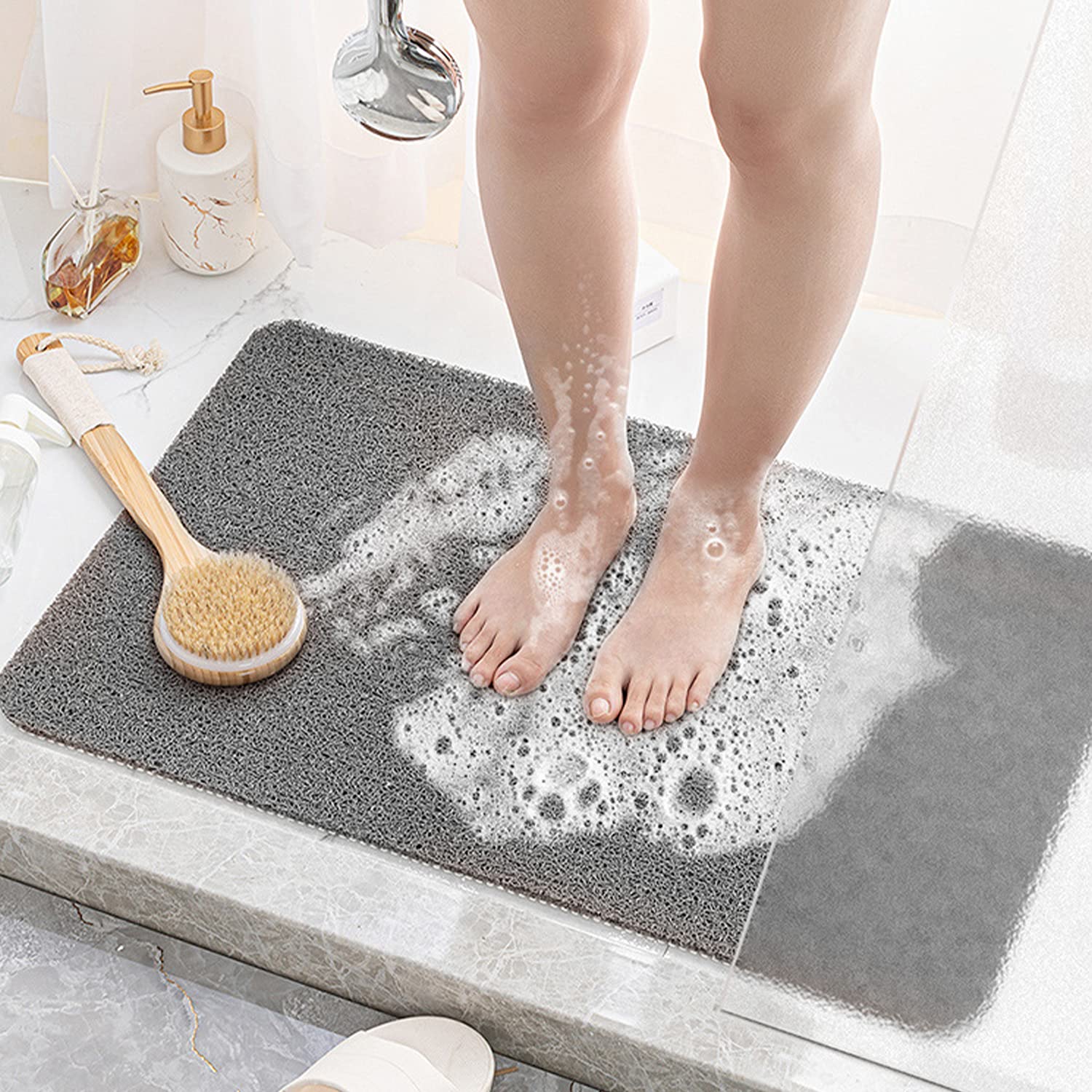 Ewolee Non Slip Shower Mats for Inside Shower, Loofah Shower Mat Anti Mould Antibacterial, Soft Comfort Massage PVC Bath Mat or Shower Stall, Bathroom 60 x 40cm (Grey)