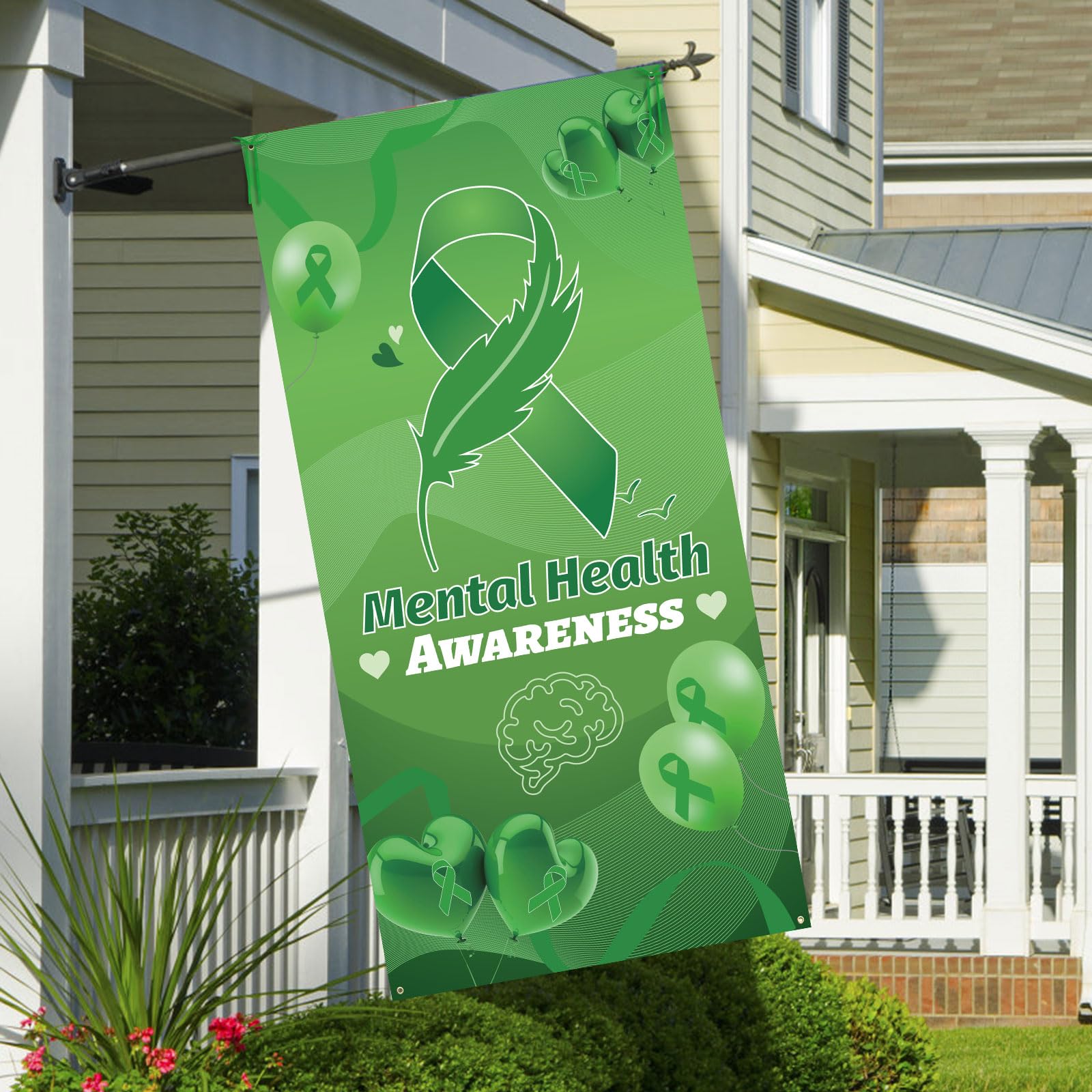 WANDIC Green Ribbon Banner 185 * 90cm Mental Health Awareness Backdrop Background Decorations Large Banners and Signs Personalised for Charity Event Party Decor