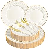 HOMIP 150PCS Ivory Plates with Gold Disposable Silverware - Include 60 Scalloped Plastic Plates, 30 Knives, 30 Forks, 30 Spoons Elegant & Lightweight for Weddings, Birthdays, Parties