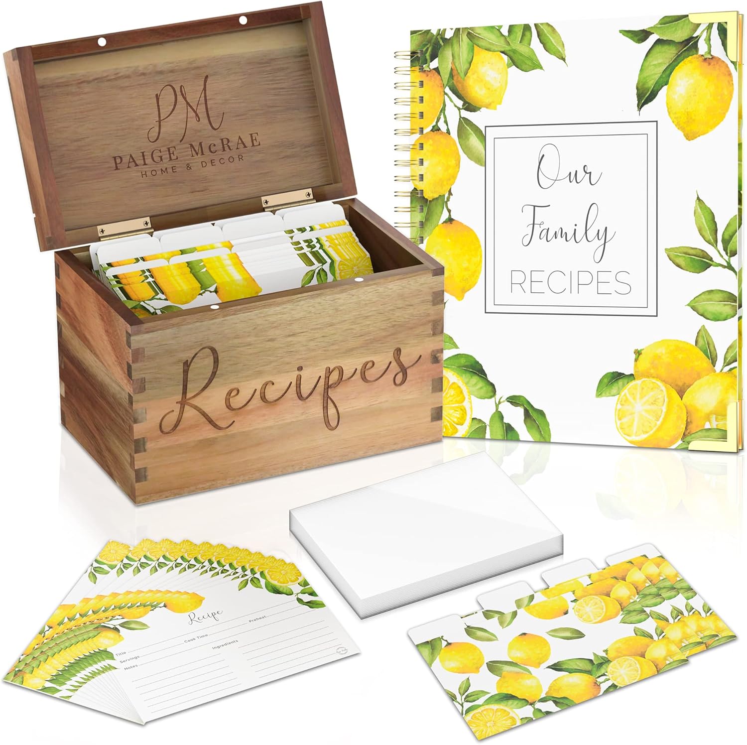 Wooden Recipe Box With Cards And Dividers, Protectors & 100 Page Blank Recipe Book To Write In-Recipe Card Box Organizer, Recipe Card Holder, 4x6 Recipe Cards And Box Set For Woman,Bridal Shower & Mom