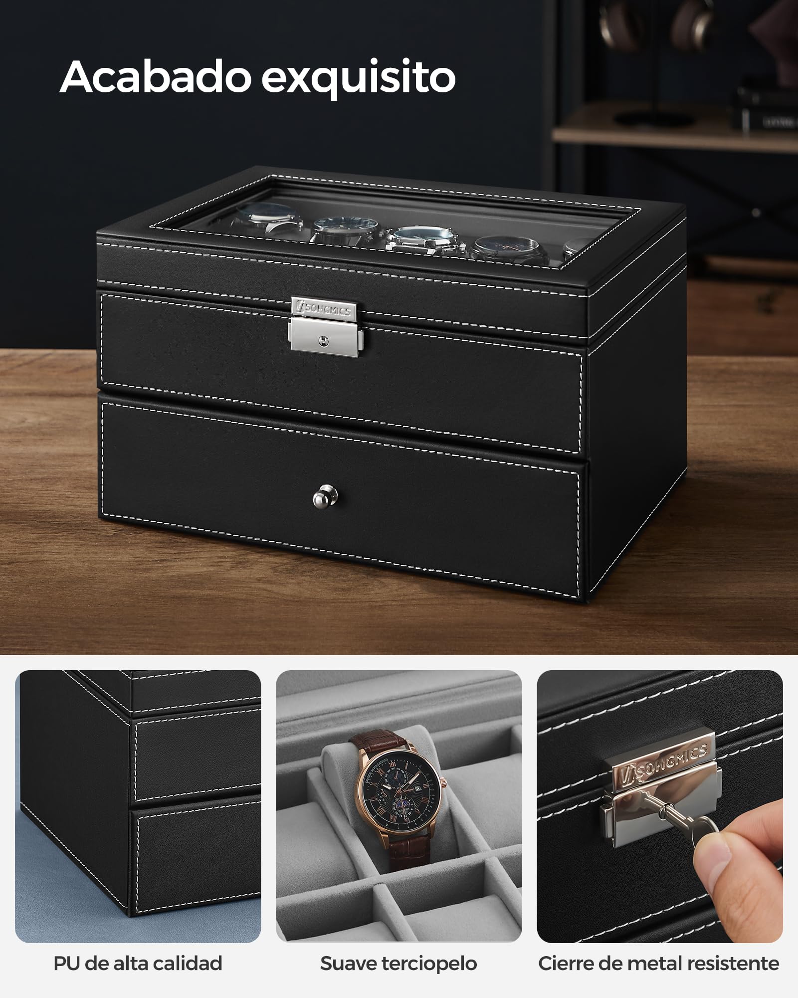 SONGMICS Watch Box, 20-Slot Watch Case Organizer with Large Glass Lid, Removable Pillows, Metal Lock, Gift for Loved Ones, Black Synthetic Leather, Christmas Gift, Gray Lining UJWB006V1