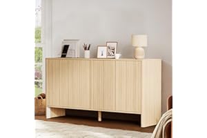 Garvee Fluted Sideboard Buffets Cabinet, 58in Wide Natural Oak Coffee Bar Storage Cabinet with 4 Fluted Doors and Adjustable 