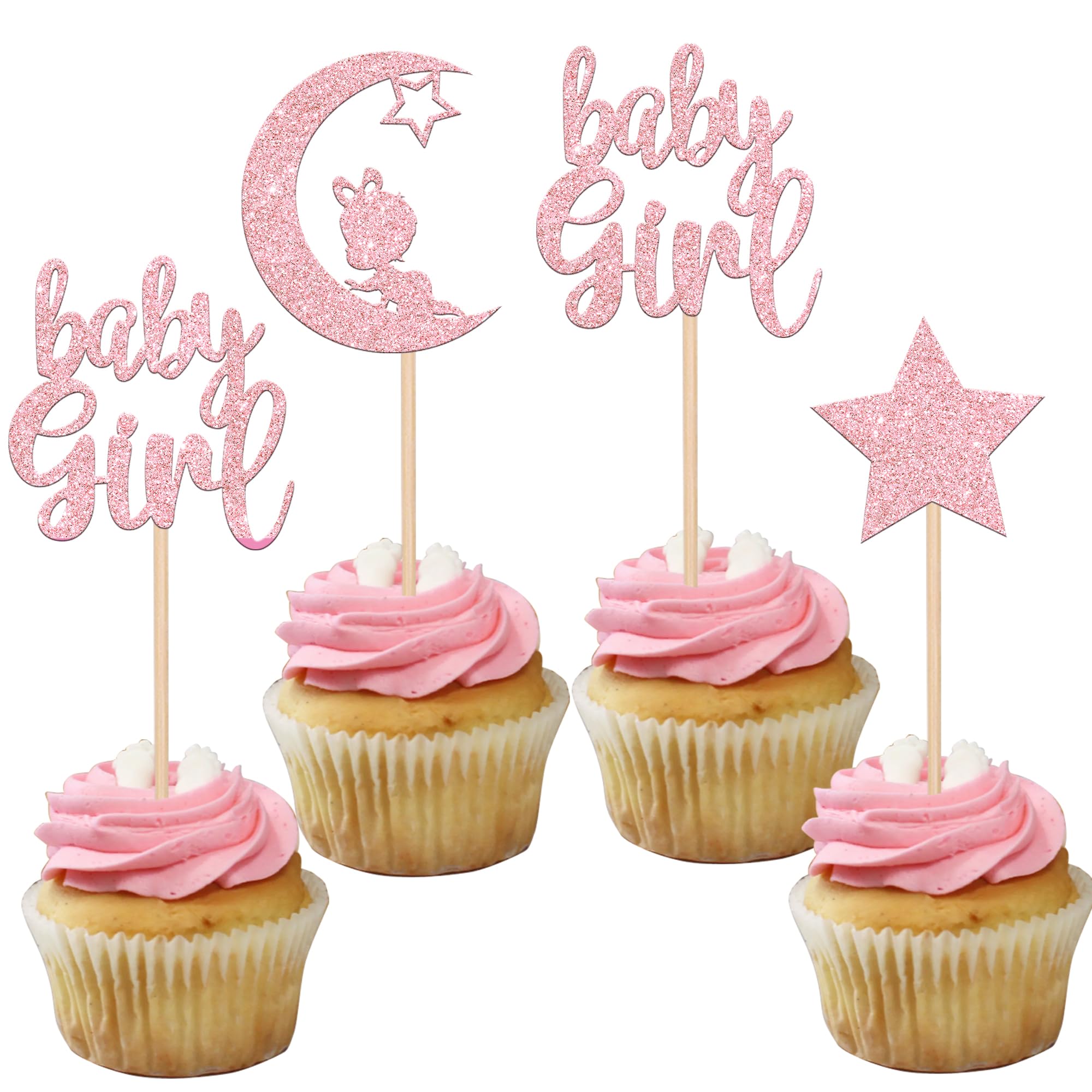 SYKYCTCY 24 Pack Pink Baby Girl Cupcake Toppers with Glitter Star Moon Baby Shower Cupcake Picks Baby Shower Girls Birthday Party Cake Decorations Supplies