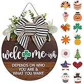Interchangeable Seasonal Welcome Sign for Front Door, Rustic Round Wood Wreath for Front Door Hanging Decorations, for Spring Summer Fall Halloween Christmas Farmhouse Outdoor Home Wall Decor (12Inch)