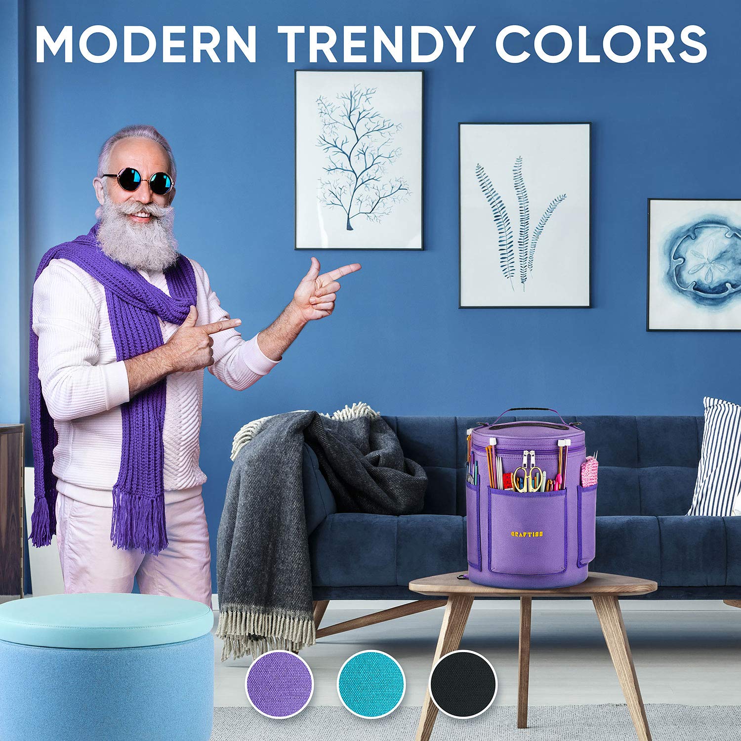 CRAFTISS Knitting Bag Yarn Storage - Christmas Gift - Puprle Durable Canvas Yarn Bag for Crochet Accessories - Yarn Organizer Crochet Bag with Knitting Accessories Case