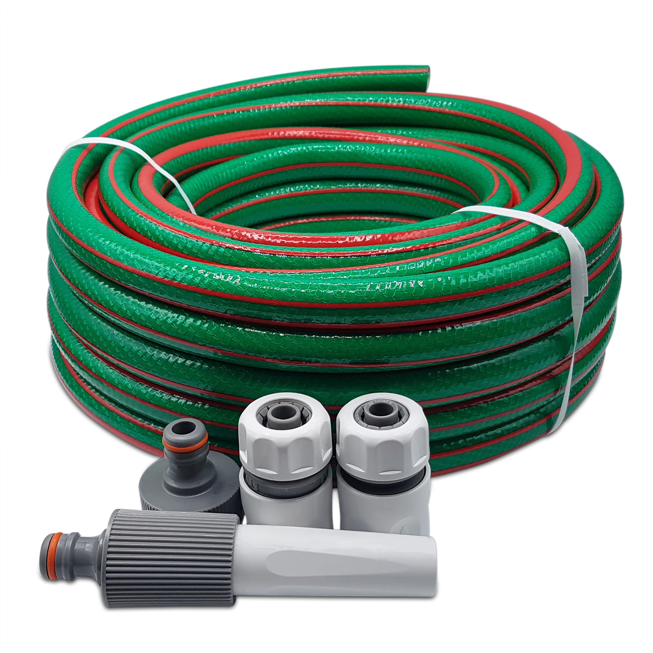 MYPURECORE Garden Hose Set - Complete 4-Pc Starter Kit with Adjustable Nozzle, 3 Connectors for 1/2" & 5/8" Hoses, Female Thread Tap Adaptor - Durable 6-Layer PVC, Compatible with Hozelock (10M)