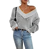 Cakulo Womens Fall 2025 Oversized Striped V Neck Sweaters Long Sleeve Knit Color Block Trendy Pullover Sweater Top