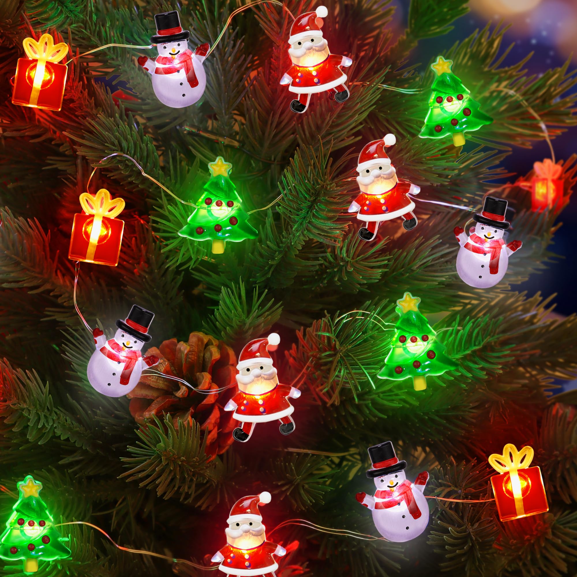 Photo 1 of 15FT 40 LED Christmas String Lights Battery Operated Christmas Tree Santa Claus Snowman Gift Box Xmas Fairy Lights with Timer, Indoor Outdoor Holiday Tree Decorations for Home Table Party Decor