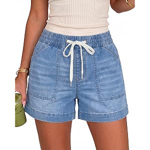 GRAPENT Jean Shorts for Womens High Waisted Drawstring Jorts Elastic Waist Pull On Stretchy Denim Shorts with Pockets
