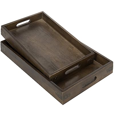 Rustic Brown Wooden Nesting Breakfast Serving Trays with Handles, Set of 2