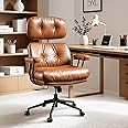 ovios Ergonomic Home Office Chair, Mid-Century Modern Faux Leather Chairs with Thickened Cushions, Comfy High Back Swivel Rolling Executive Computer Armchair (Brown, PU Leather)