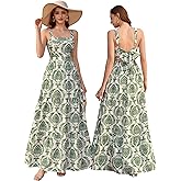 HTZMO Womens Summer Wedding Guest Floral Maxi Sundress Square Neck Back Bow Tie Flowy Boho Beach Vacation Long Dresses