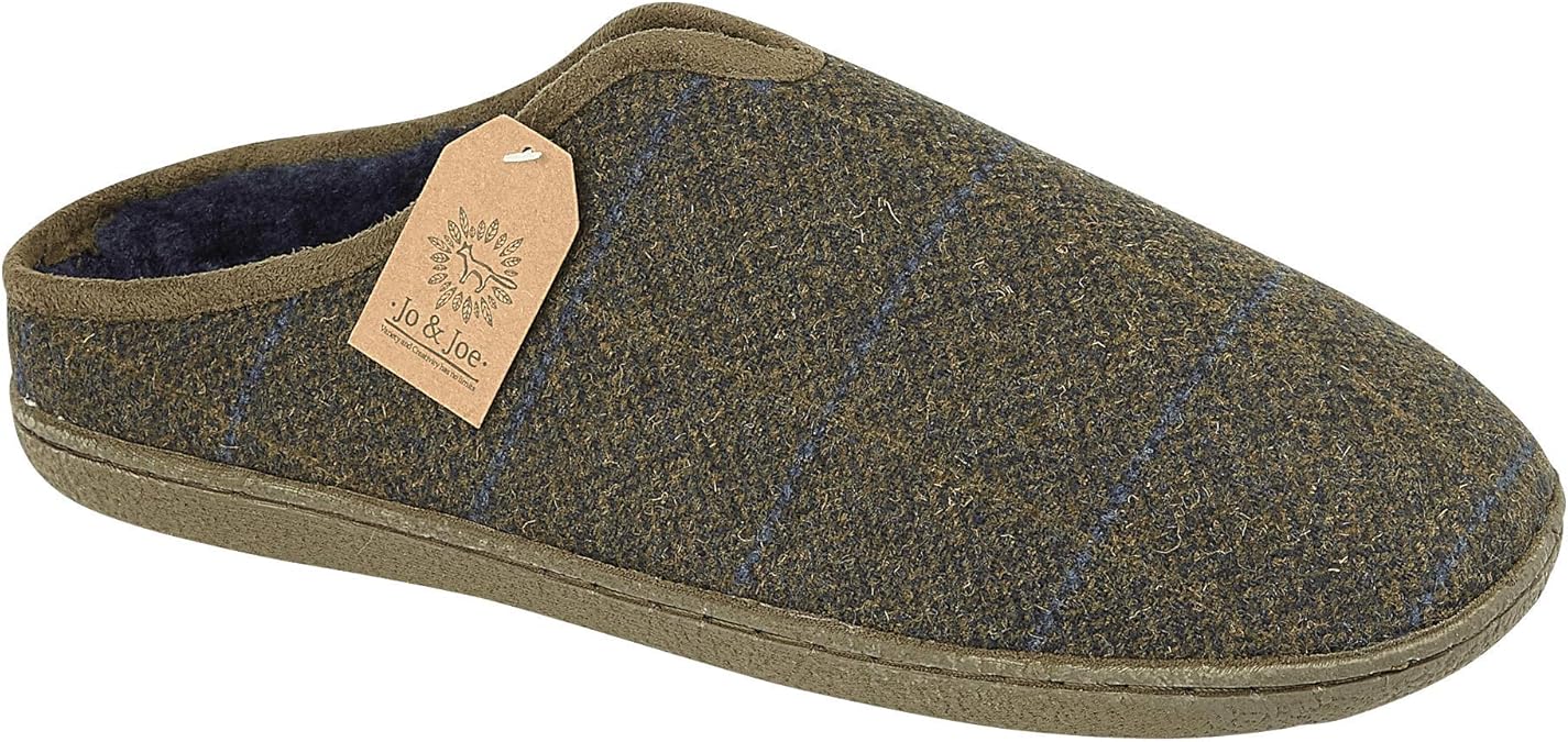 Jo & Joe Mens Hamish Check Tweed Fur Lined Mule Slippers UK Sizes 712