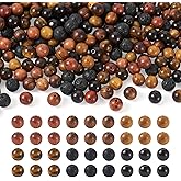 Beadthoven 300Pcs Natural Wood Round Beads 8mm Tiger Eye Gemstone Loose Beads Lava Rock Beads Spacers for DIY Crafts Bracelet Necklace Keychains Lanyards Jewelry Making Supplies