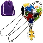 Autism Necklace - Jigsaw Puzzle on Heart Autism Awareness Stuff Stainless Steel Snake Chain Bracelet with Metal Alloy Charm - Autism Mom Jewelry - Autism Necklaces for Women