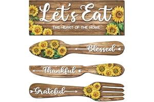 YLOLUL 4 Pcs Sunflower Kitchen Decor Let's Eat Sign Fork Spoon Knife Farmhouse Wall Decor for Home Dining Room Cafe Restaurant
