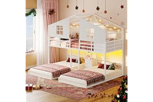 BTHFST Triple Bunk Bed Twin Size with House, 4 Storage Drawers, Charging Station and LED Lights, Metal Kids Bunk Bed with 13.4" H Safety Guardrail and Play Curtain, DIY House Shaped Bed, White