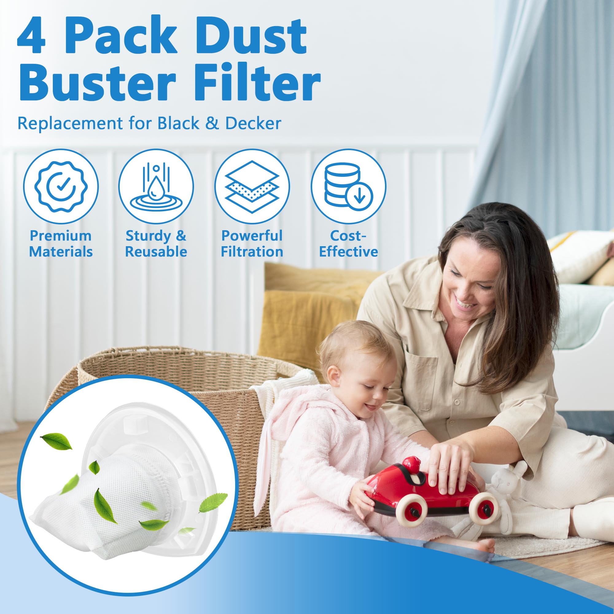 4 Pack Replacement Filter Compatible with Black & Decker Power Tools VF110 Dustbuster Cordless Vacuum CHV1410L CHV9610 CHV1210 CHV1510 CHV1410 CHV1410B BDH2000L Part 90558113-01