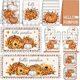 Nuanchu 10 Pcs Thanksgiving Kitchen Decor Set Fall Home Decor Accessories | 4 Kitchen Dish Towels 2 Pot Holders 2 Oven Mitt Rustic Rug and Mat for Thanksgiving Cooking Baking Gift Autumn Home Decor