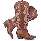 Hawkwell Women's Cowboy Cowgirl Boots Slip On Pointed Toe and Block Heel Shoes with Classic Embroidered Pull On Tall Boot for Ladies Dress Western Knee High Boots