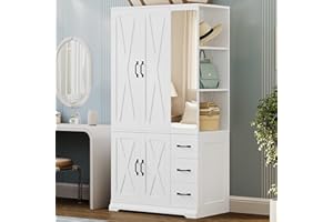 ANCTOR Armoire Wardrobe Closet with Mirror, 70.9" H × 36.2" W, Bedroom Armoires with 4 Doors, 3 Drawers and Shelves, Large Clothing Storage Cabinet for Hanging Clothes, White