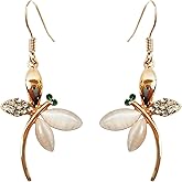 Navachi 18k Gold Plated Multicolor Crystal Created-Opal Dragonfly Dangle Earrings