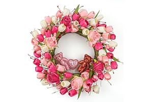 J'FLORU Valentines Day Decorations Romantic Valentines Day Gifts 22 Inch Valentine's Day Wreath with Lovely Bear Heart Roses Tulips for Valentine Party Anniversary Candlelight Dinner