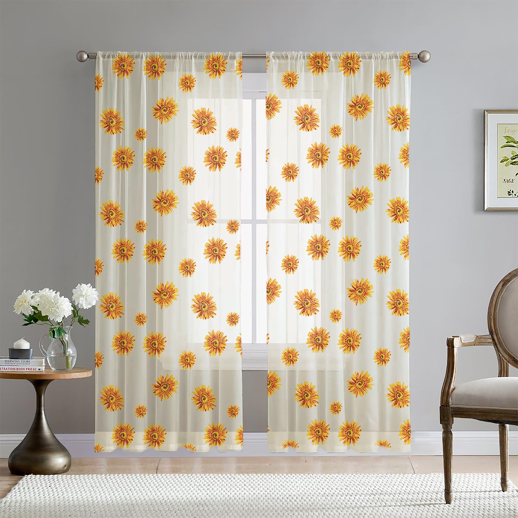 Photo 1 of PATBIXES 84Inch Length Sheer Sunflower Curtains Set of 2 Panels, Light Yellow Voile Drapes for Window Decor in Living Room, Bedroom, Balcony - Rod Pocket Design