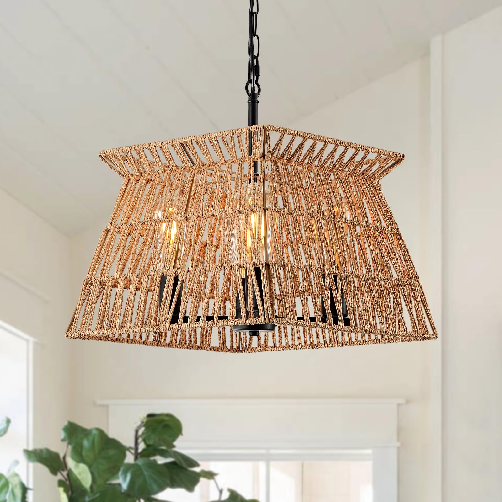 Photo 1 of 4-Light Rattan Chandelier Boho Light Fixture, 21” Hand Woven Rustic Chandeliers Farmhouse Vintage Chandelier Hanging Light for Dining Room Kitchen Island, Living Room, Foyer