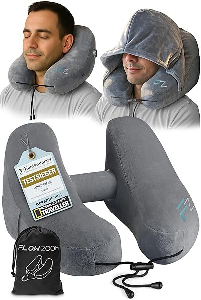 FLOWZOOM Air Nackenkissen Flugzeug in H-Design, Reisekissen für 5 Schlafpositionen, schnell aufblasbar & druckregulierbar, Nackenhörnchen mit Abnehmbarer Kapuze & Plüschbezug - Größe L, Grau