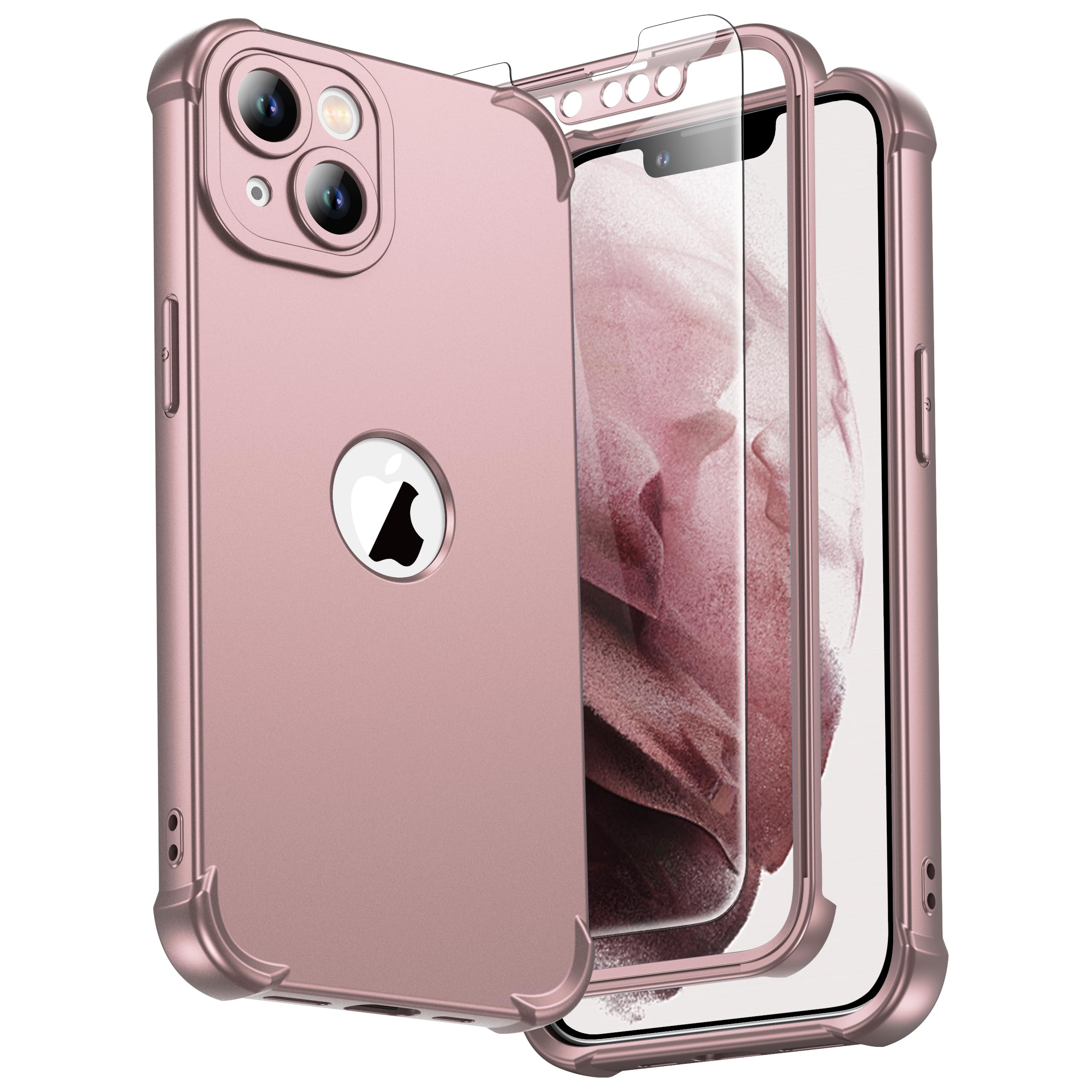 ORETECH for iPhone 13 Case, with [2 Pack Tempered Glass Screen Protector] [Camera Lens Guard] [15FT Military Grade Drop Test] 360° Shockproof Slim Fit Rubber Bumper Phone Cover - Rose Gold — image 1