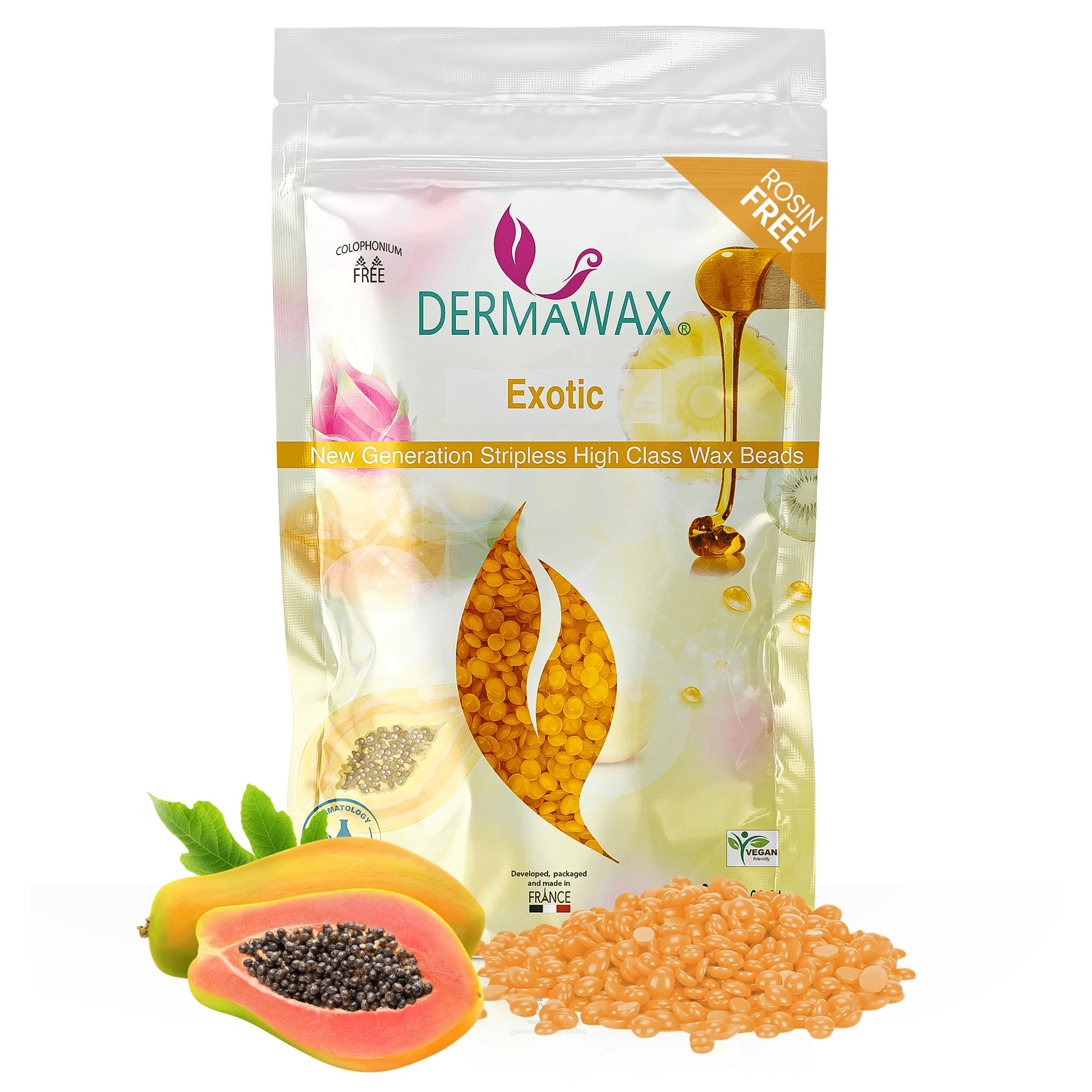 Hard Wax Beads for Hair Removal, Papaya Stripless, Vegan Hypoallergenic Base Rosin Free Fast Setting Professional Wax for Experienced Users, Face Legs Bikini Line, Dermawax, Made in France, 800g