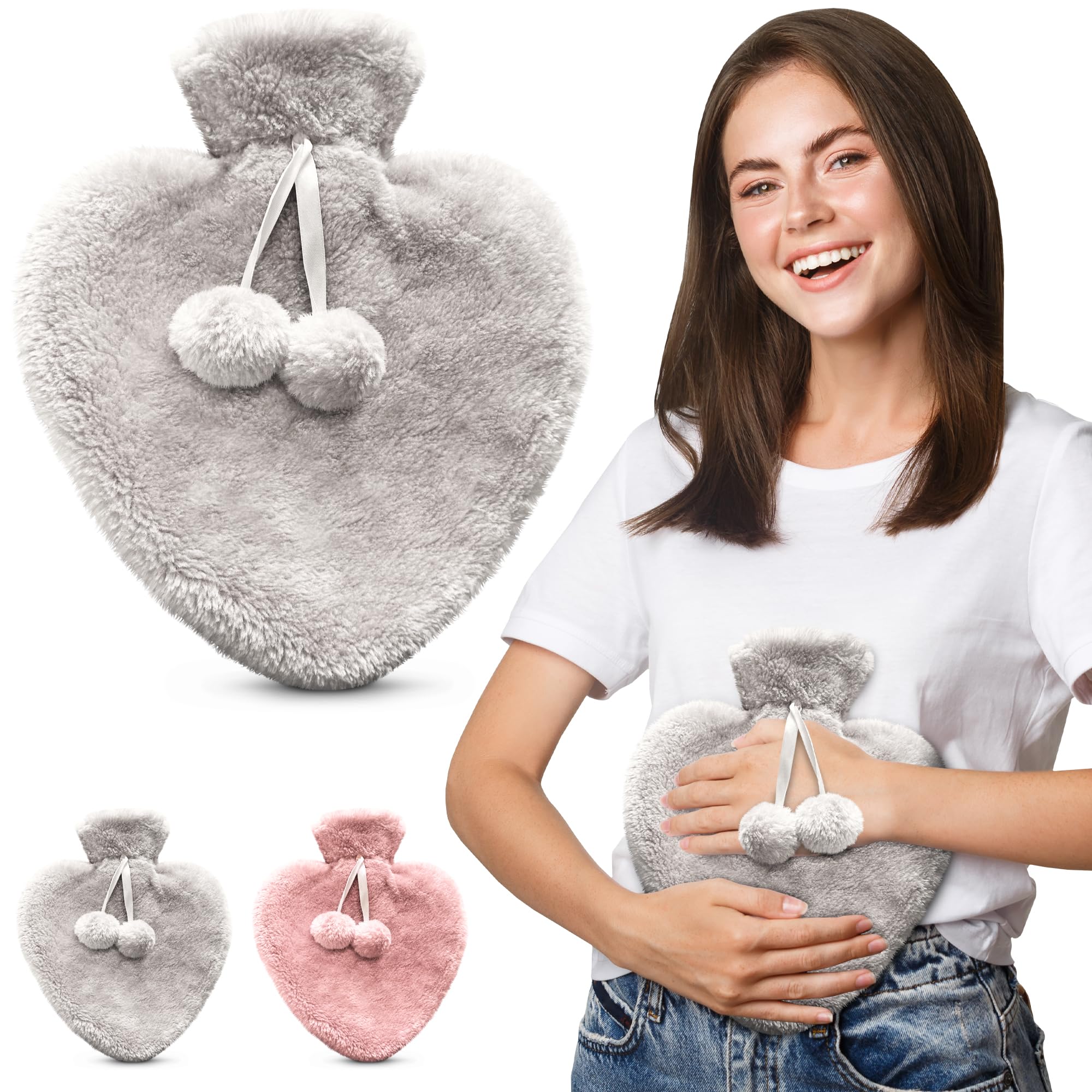 Happy Heaters Hot Water Bottle, 1L with Fluffy Cover - Ideal for Period, Back & Neck Pain - Grey with Cover UK Perfect for Women, Seniors & Children