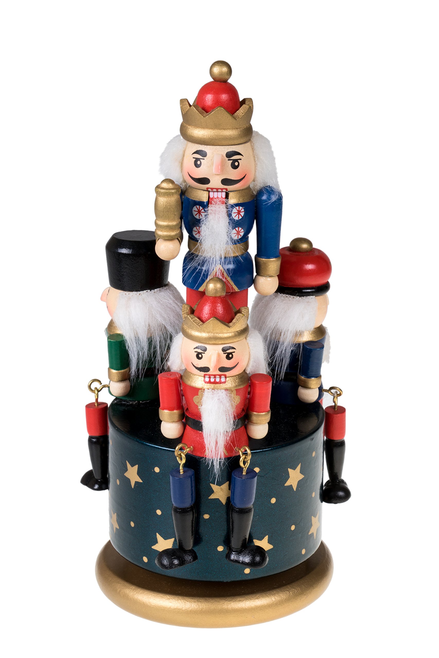 Traditional Wooden Nutcracker Wind Up Music Box | Blue, Red, Gold, and Green Kings and Soldiers | Festive Christmas Decor | 8" Tall Perfect for Shelves and Tables