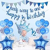 Half Way To One Banner - 20 Pcs Blue 6 Months Birthday Decorations Including Happy 1/2 Birthday Banner Cake Topper Star Foil Balloon Latex Balloons for Baby Shower Baby Boys Party Supplies