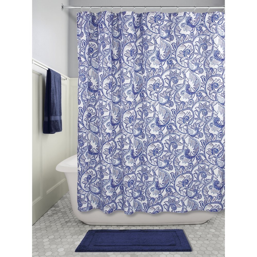 InterDesign Mosaic Vine Fabric Shower Curtain, 72" X 72" - Blue/Navy